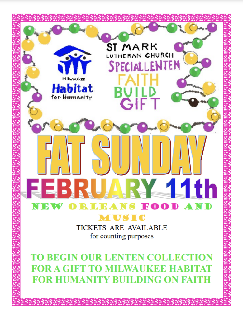 Flyer for the Fat Sunday celebration at St. Mark's Lutheran Church, Cudahy, WI.